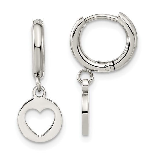 Stainless Steel Polished Cut Out Heart Dangle Hoop Earrings