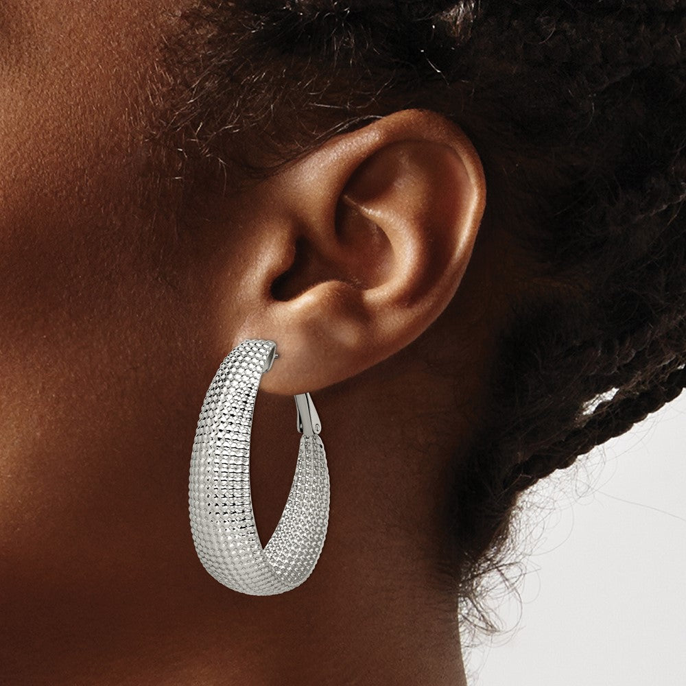 Stainless Steel Polished and Textured Oval Omega Back Hoop Earrings
