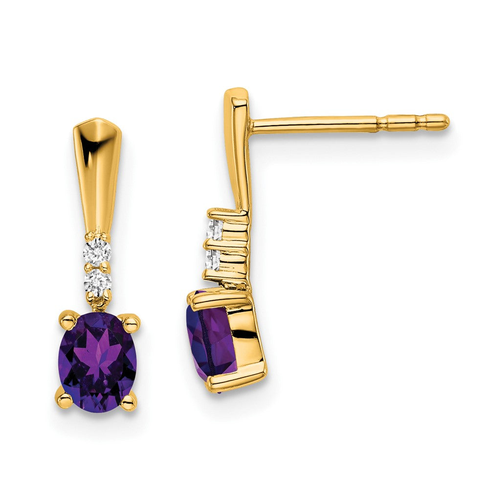 14K Gold 5x3mm Oval Amethyst & Diamond Dangle Post Earrings (February)