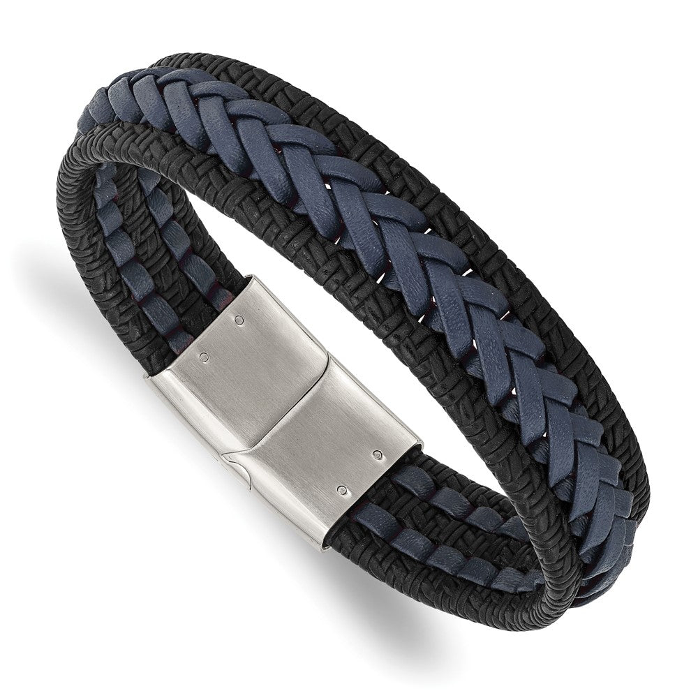 Stainless Steel Polished Black/Blue Braided Leather 8.25in Bracelet 8.25 inches