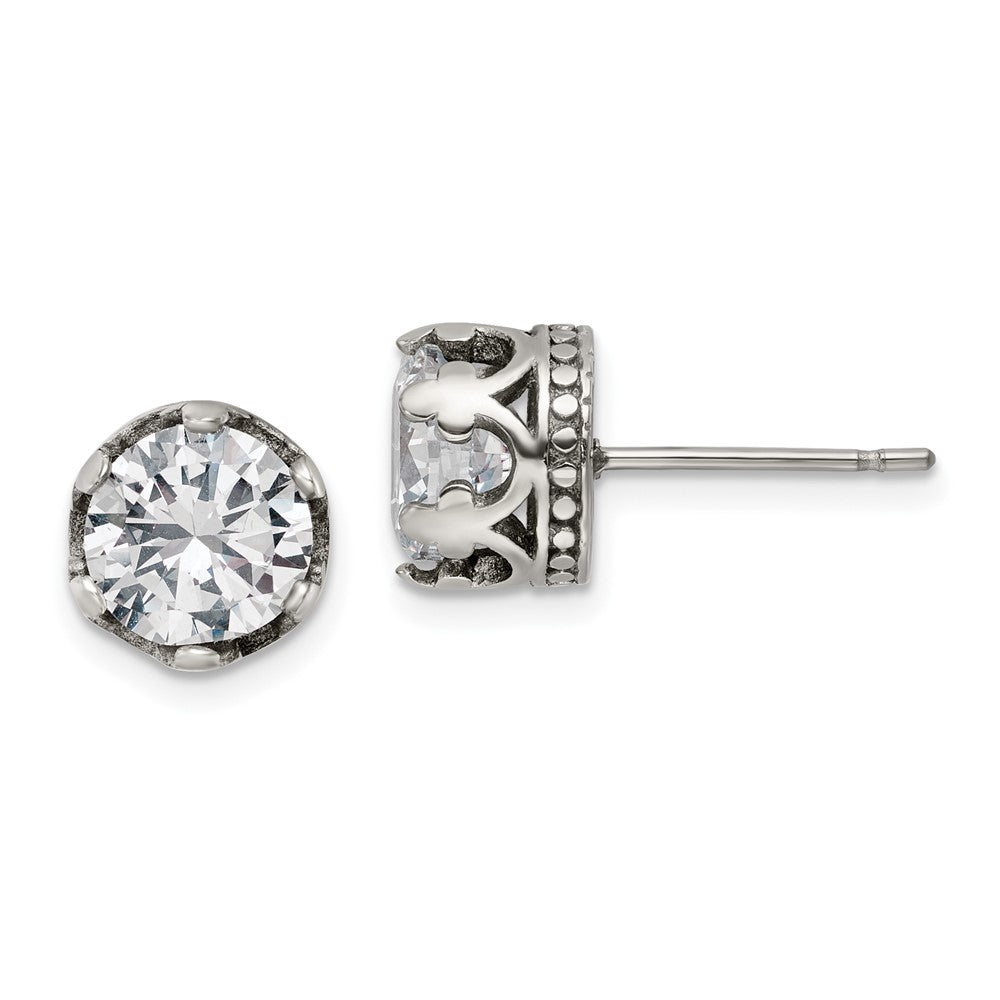 Stainless Steel Antiqued and Polished w/CZ Crown Post Earrings