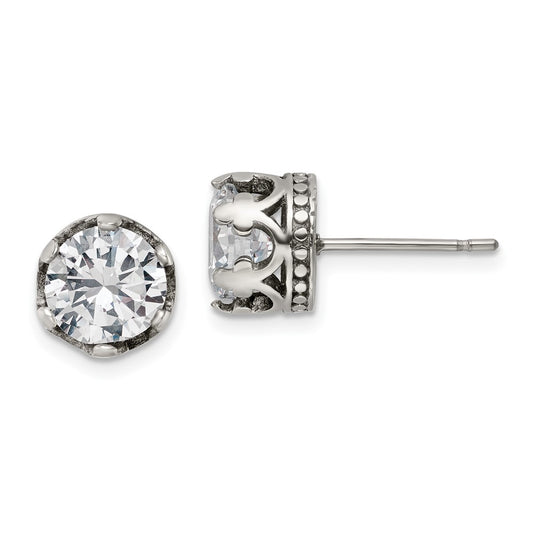 Stainless Steel Antiqued and Polished w/CZ Crown Post Earrings