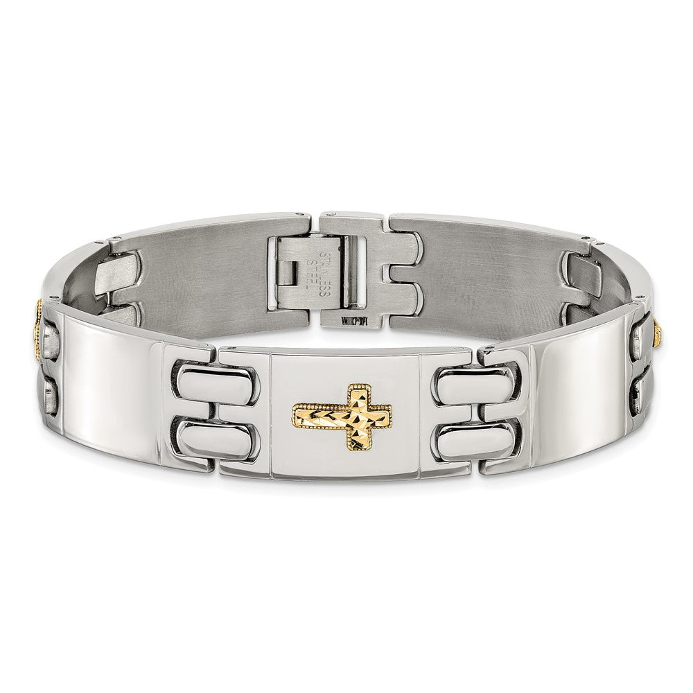 Chisel Stainless Steel Polished with Diamond-cut 14K Gold Accent Cross 8 inch Link Bracelet 8 inches