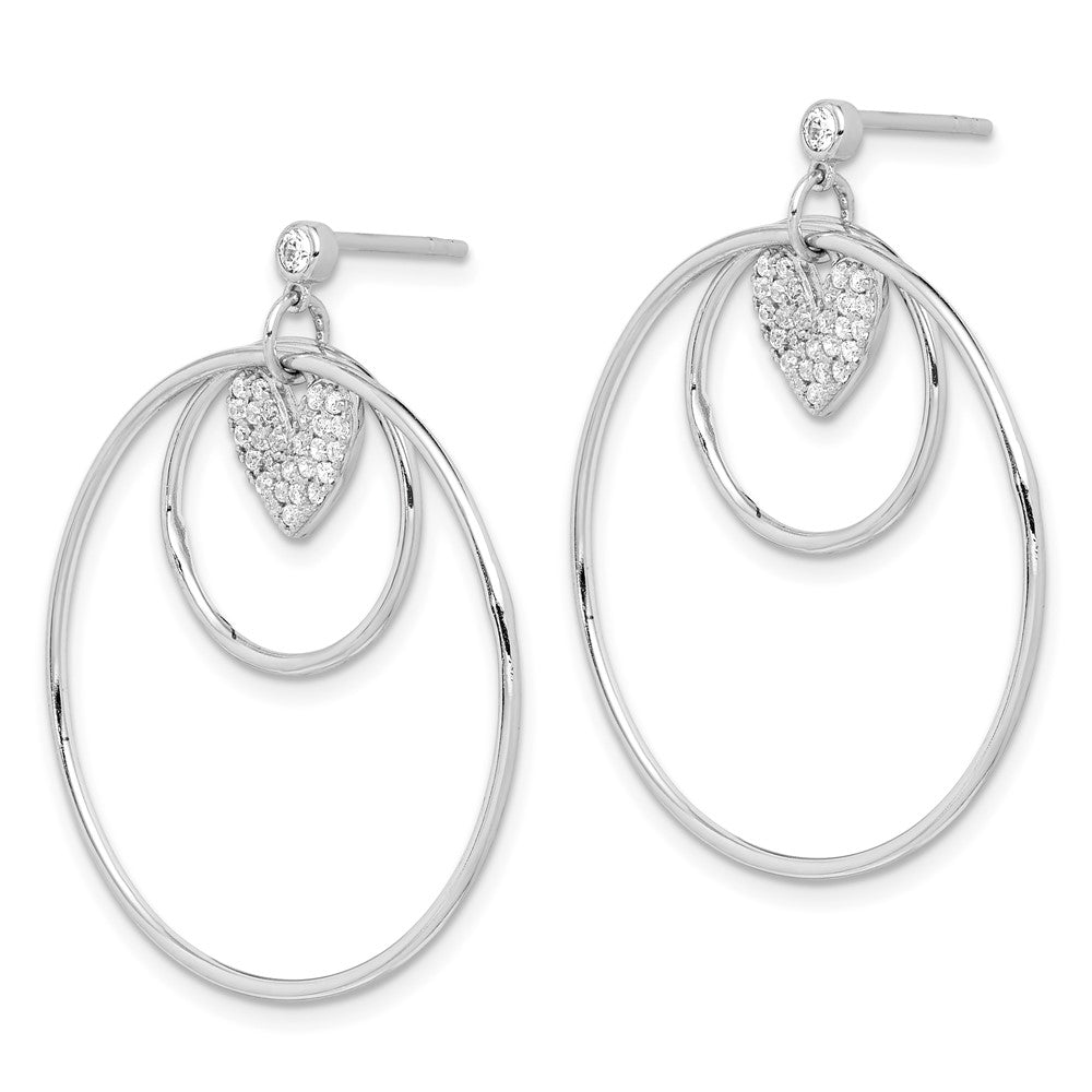 Sterling Silver RH-plated Double Circle w/CZ Heart Post Earrings