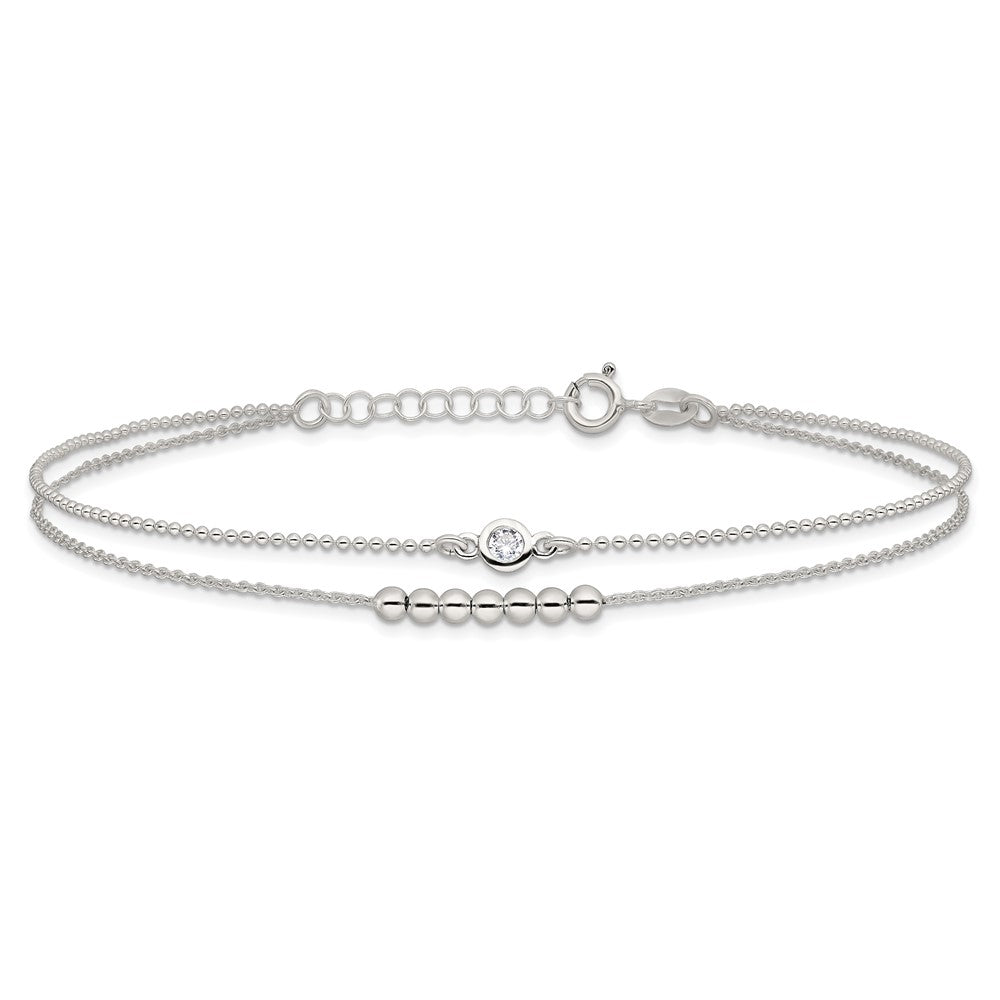 Sterling Silver 2-Strand Beaded CZ 9in Plus 1in Ext. Anklet 9 inches