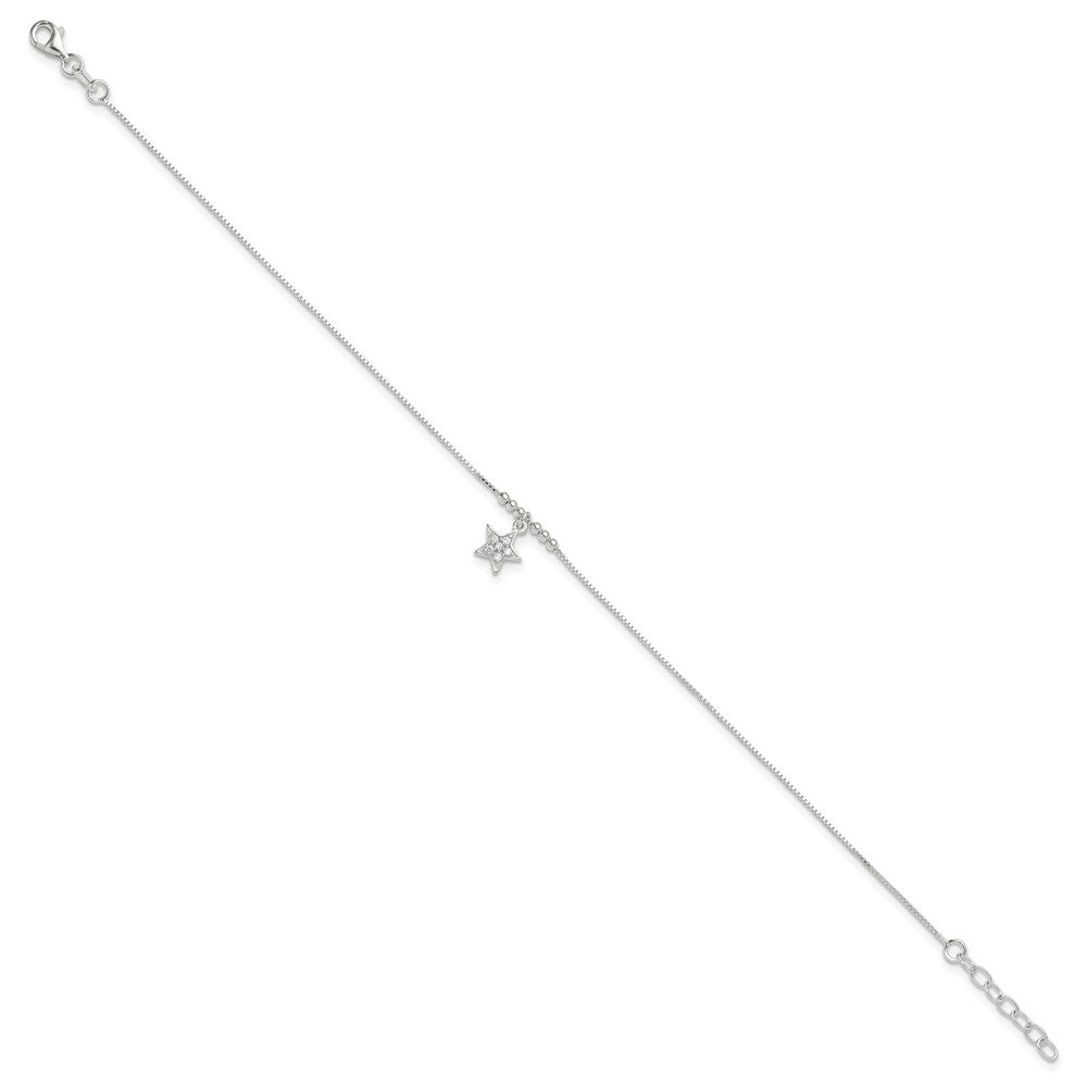 Sterling Silver CZ Star and Beads 9in Plus 1in Ext. Anklet 9 inches