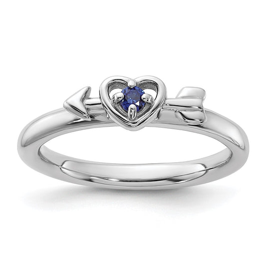 Sterling Silver Stackable Expressions Rhodium-plated Created Sapphire Heart with Arrow Ring Size -6
