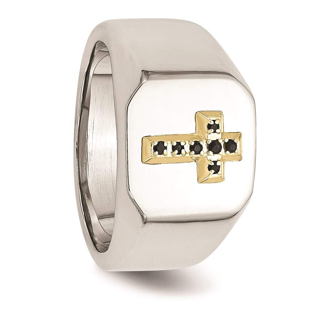 Stainless Steel Polished w/14k Accent 1/15ct Sapphire Cross Signet Ring Size - 9