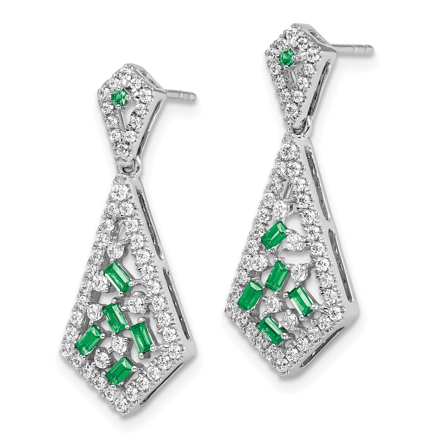 14k White Gold Baguette Emerald and Diamond Kite Dangle Post Earrings