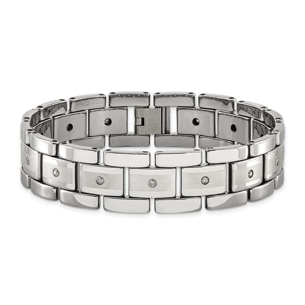Tungsten Brushed and Polished with 1/3ct Diamonds 8.5in Bracelet 8.5 inches