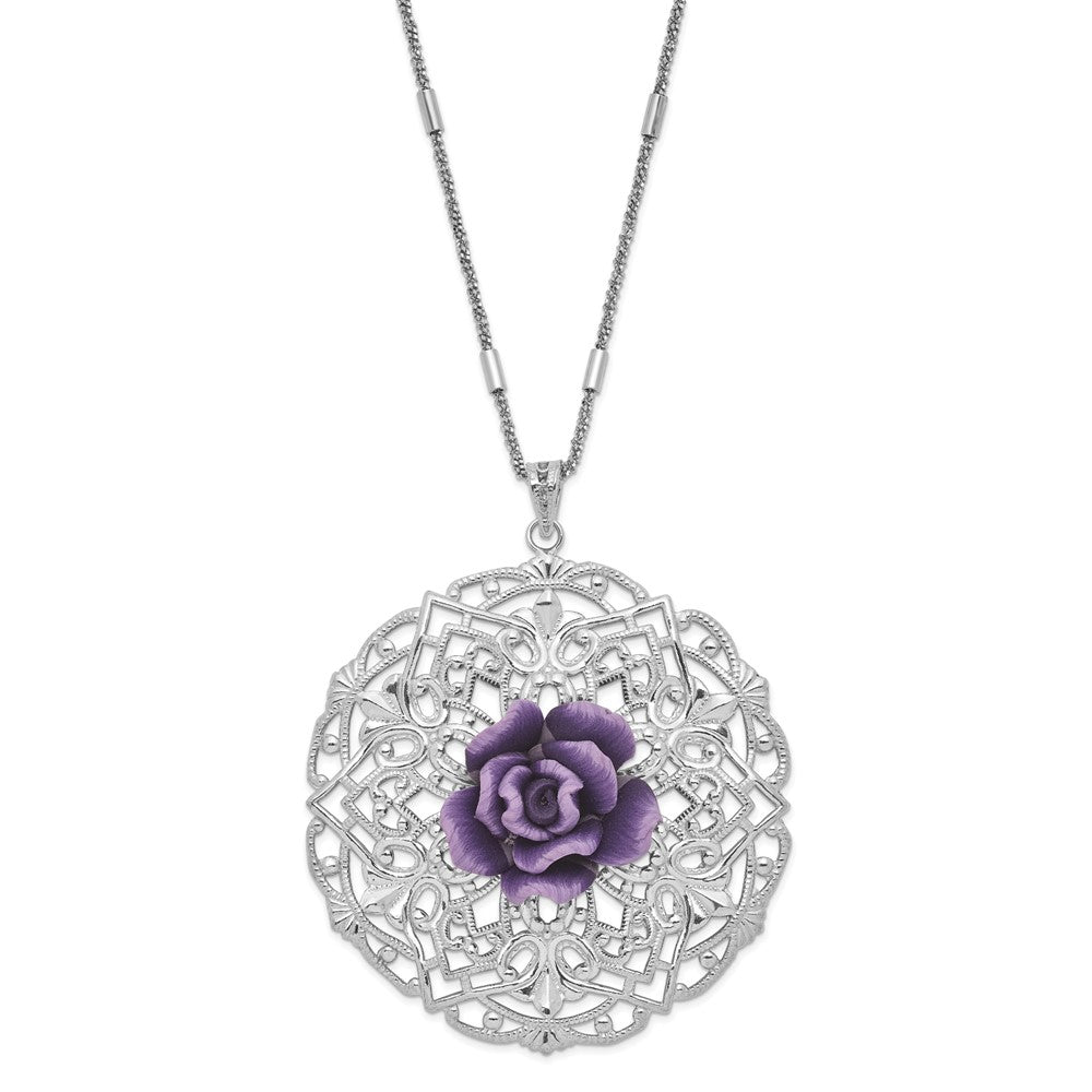 Sterling Silver Rhodium-plated Polished & Textured Purple Resin Rose Circle Necklace