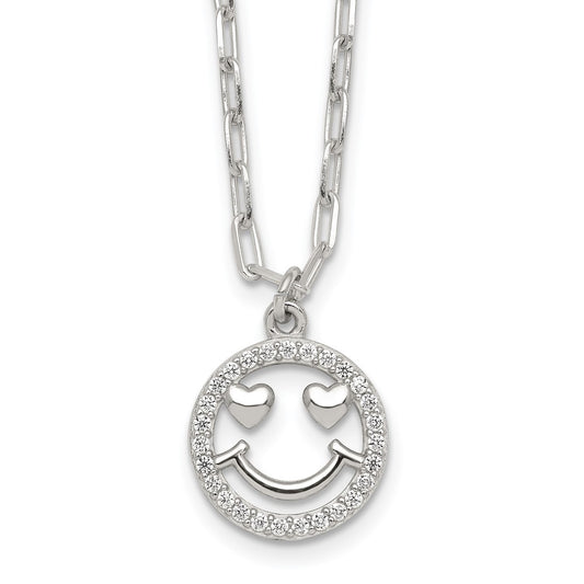 Sterling Silver Polished White CZ Smiley Face with Heart Eyes 16 inch Necklace