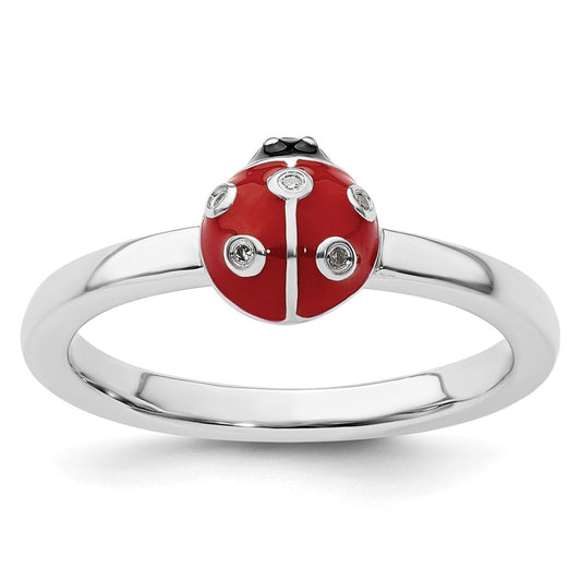 Sterling Silver Stackable Expressions Red /Blk Enamel Ladybug w/Diamond Rin Size -9