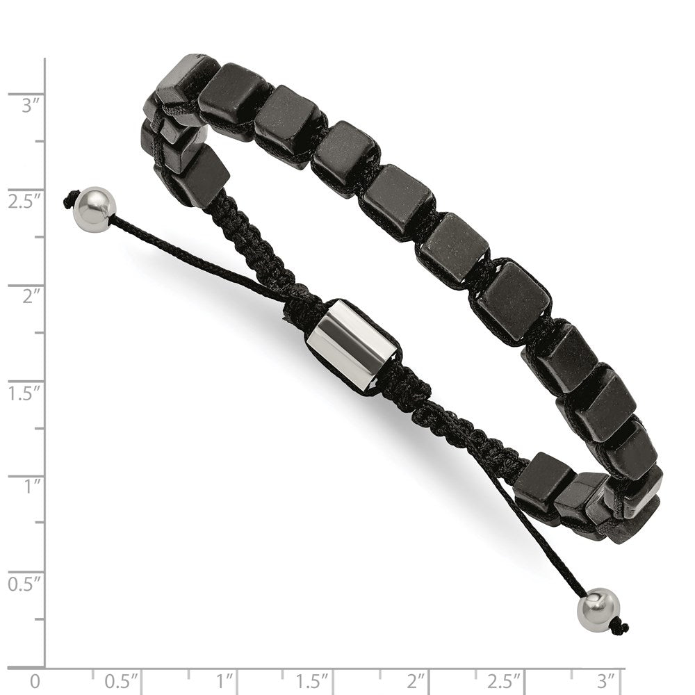 Stainless Steel Polished with Black Agate Macrame Adjustable Bracelet 9.5 inches