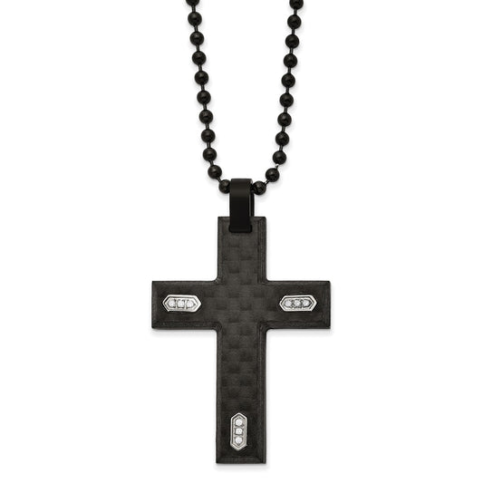 Stainless Steel Brushed Black IP & Carbon Fiber w/CZ Cross 24in Necklace