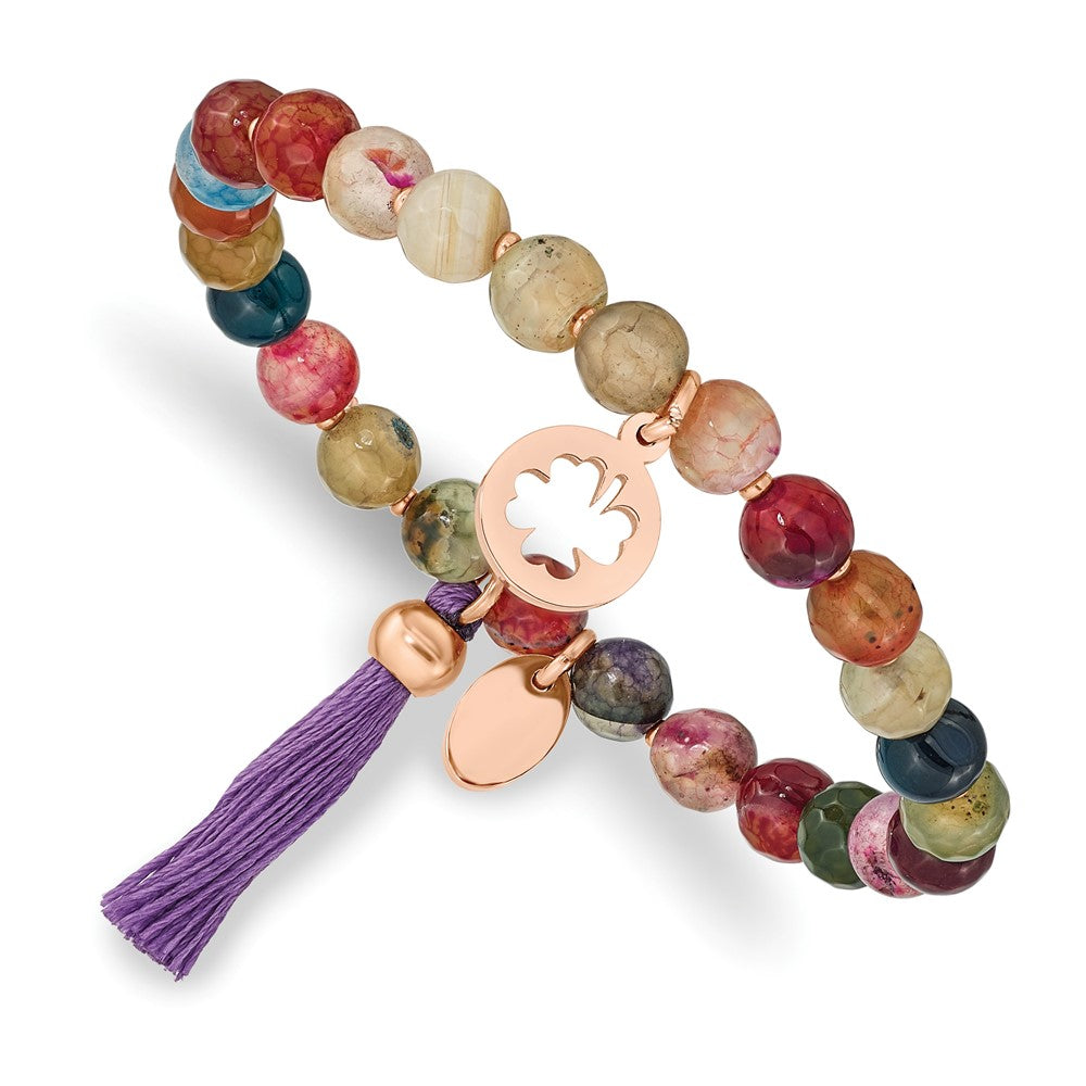 Stainless Steel Polished Rose IP Clover Multi Color Agate Stretch Bracelet 6.25 inches