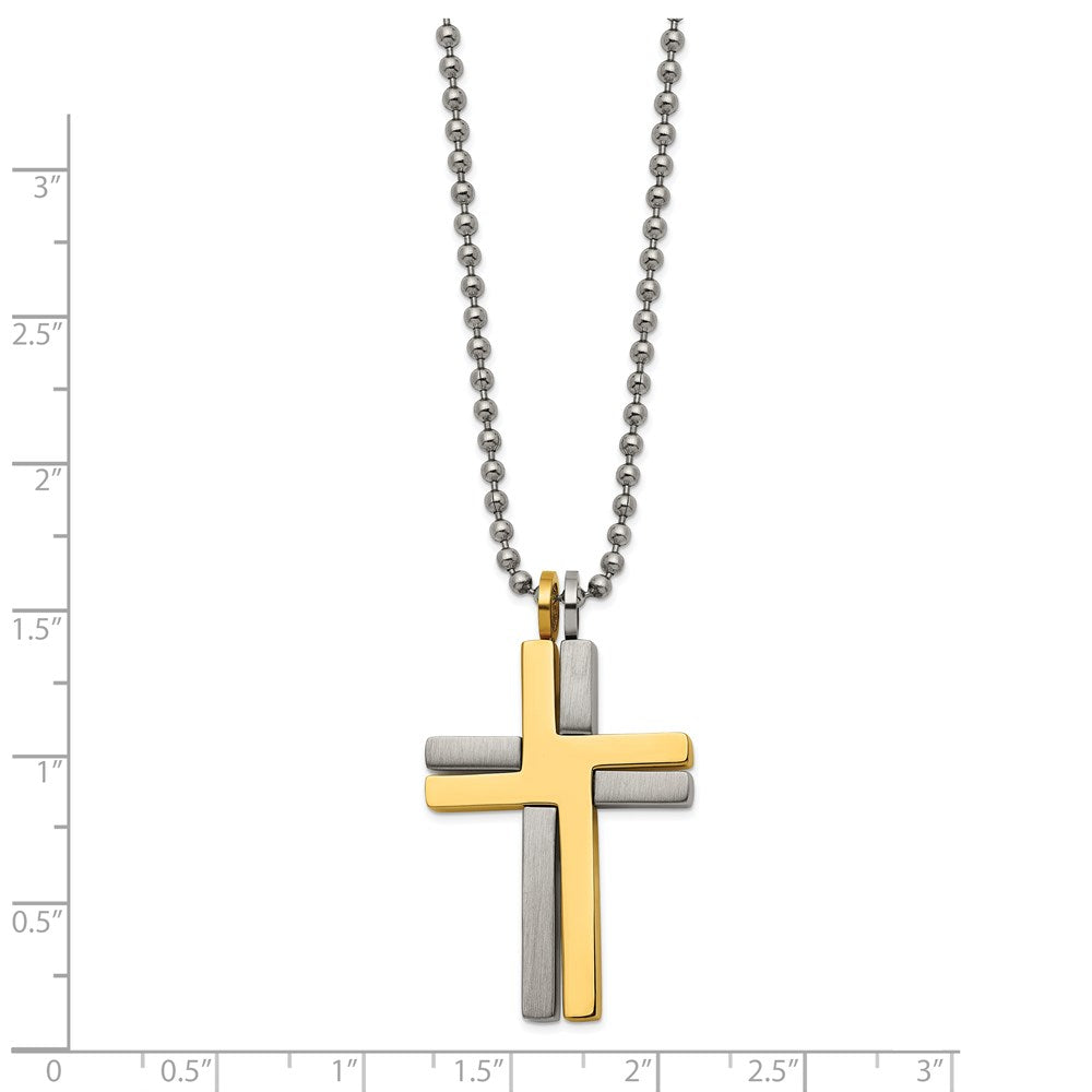 Titanium Brushed & Polished Yellow IP 22in Cross Necklace