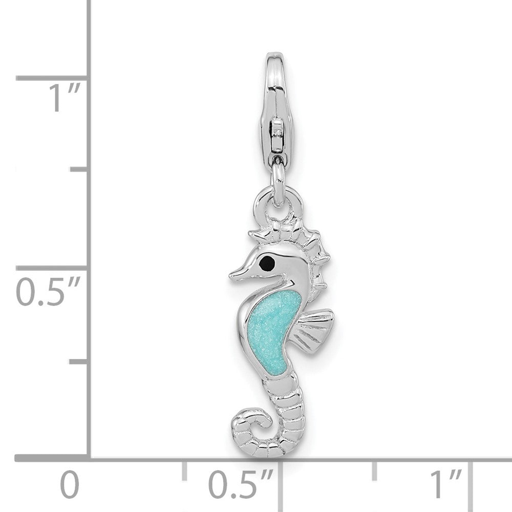 Amore La Vita Sterling Silver Rhodium-plated Polished 3-D Glitter Enameled 3-D Seahorse Charm with Fancy Lobster Clasp
