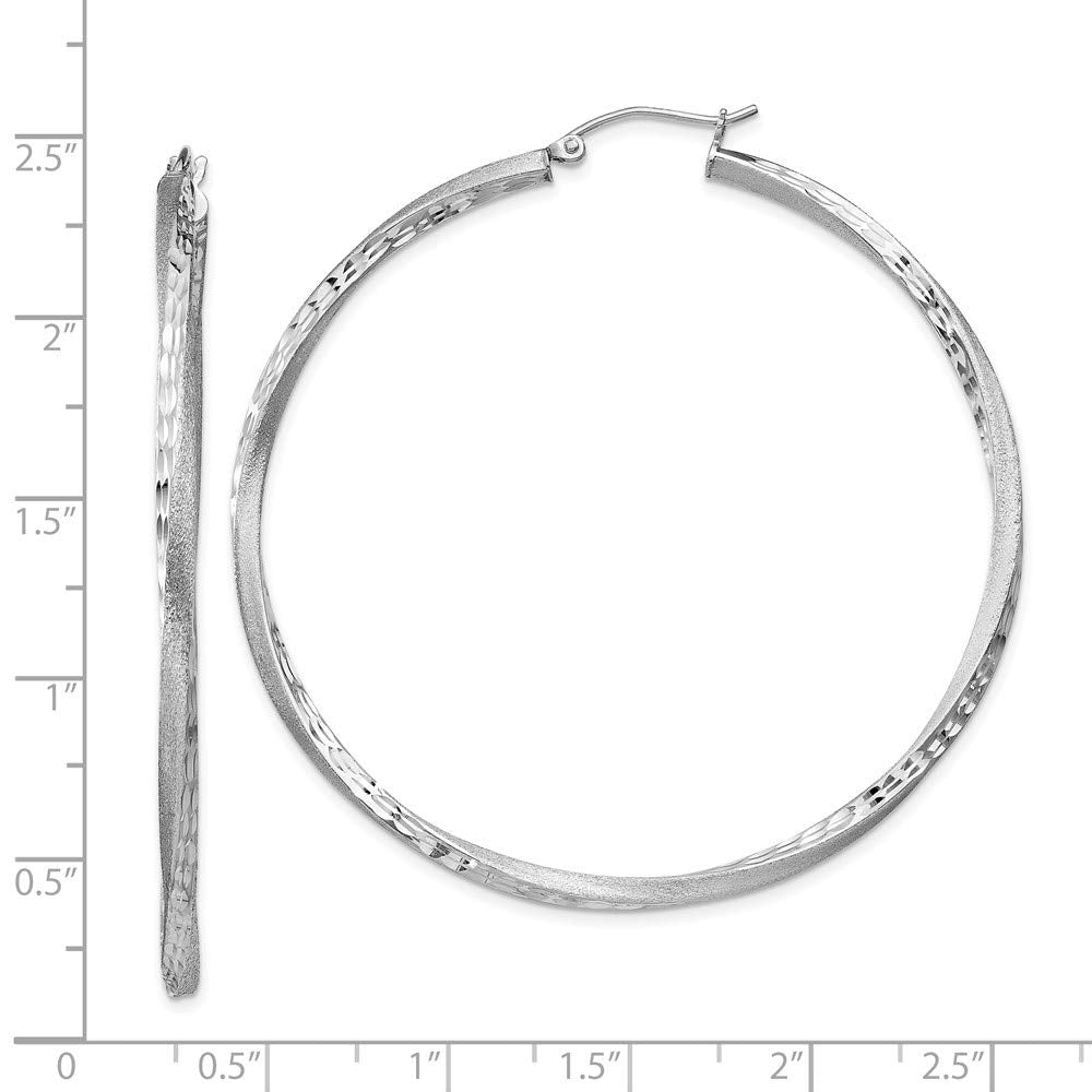 Sterling Silver RH-plated Satin Diamond-cut 2.5x55mm Twisted Hoop Earrings