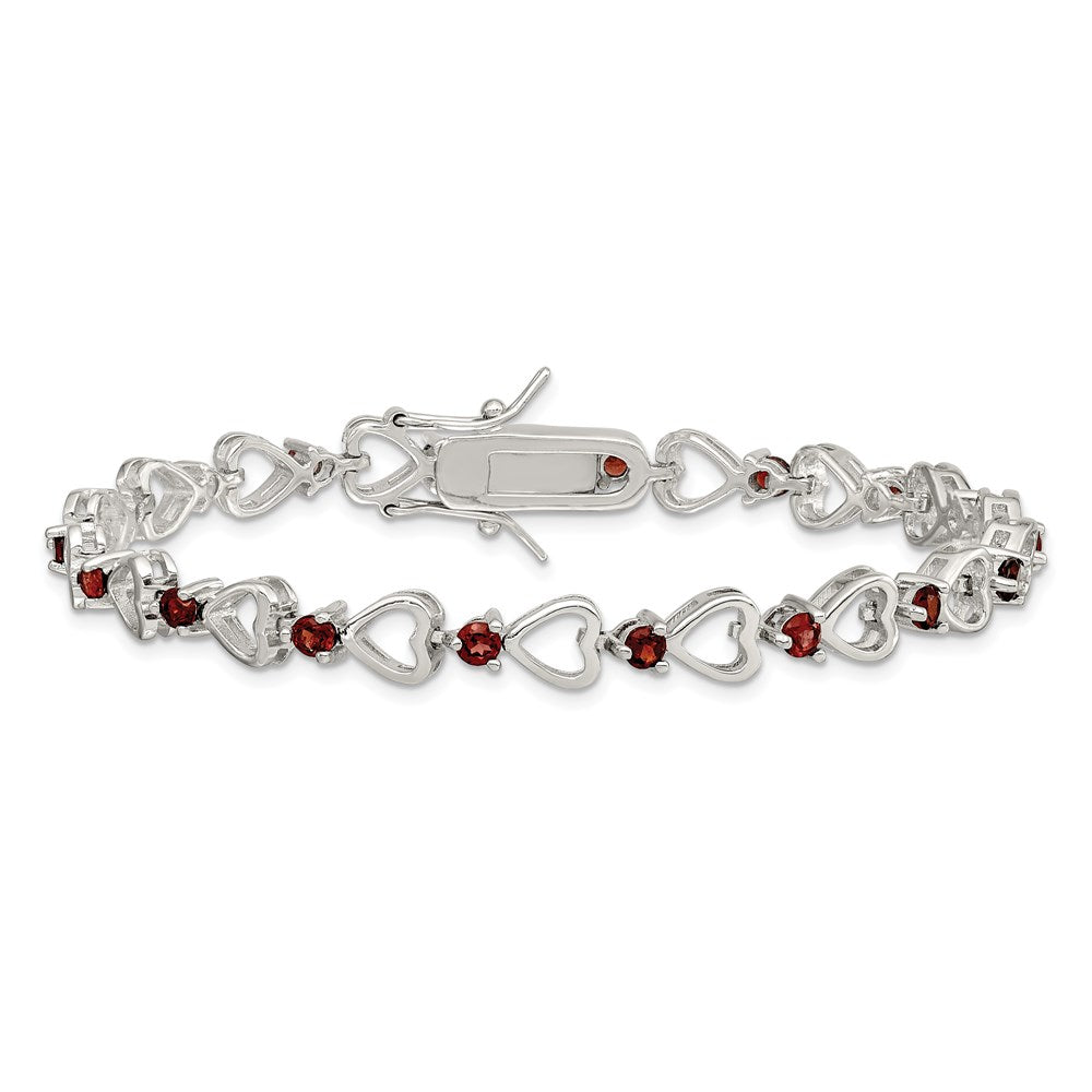 Sterling Silver Rhodium-plated Garnet Heart Bracelet 7 inches