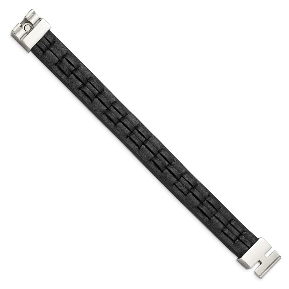 Stainless Steel Polished Black Leather 8in Bracelet 8 inches