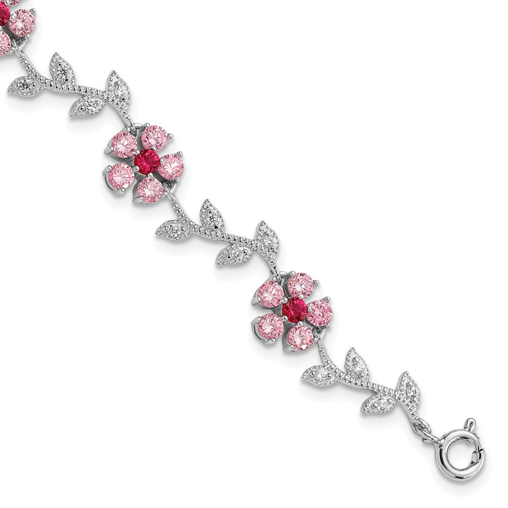 Sterling Silver Rhod-plated 7.75in Pink and Clear CZ Flower Bracelet 7.75 inches