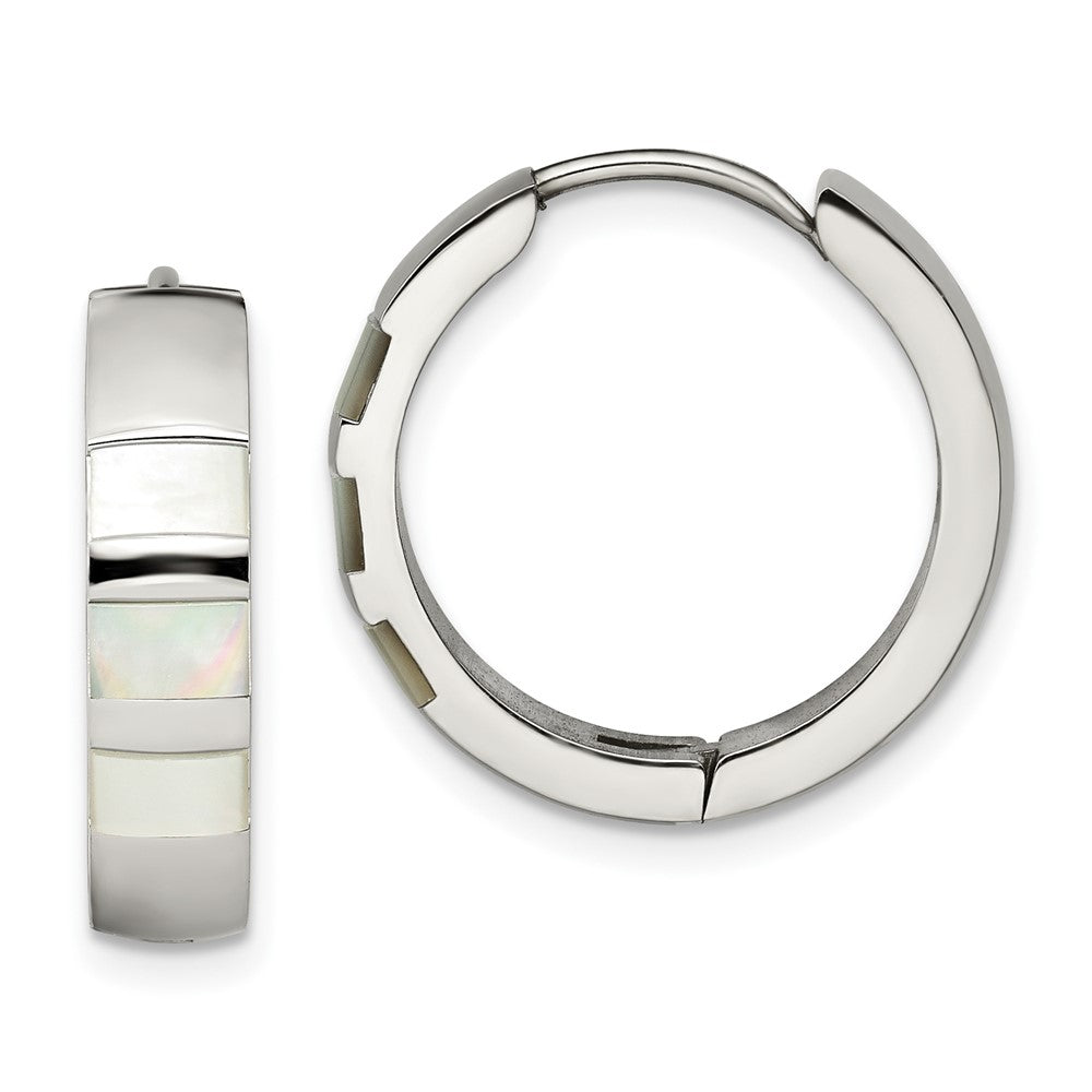 Stainless Steel Polished with Shell Pearl 5mm Hinged Hoop Earrings