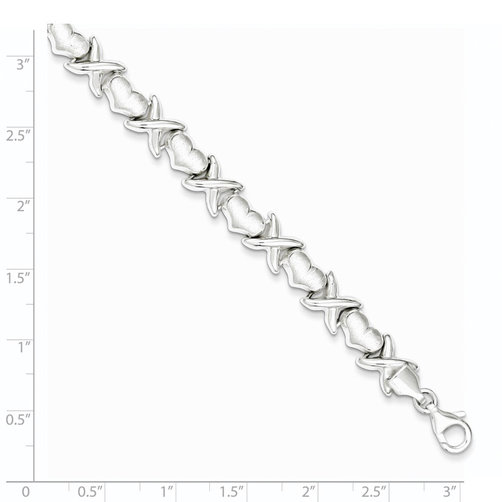 Sterling Silver Polished and Satin X and Hearts Bracelet 8 inches