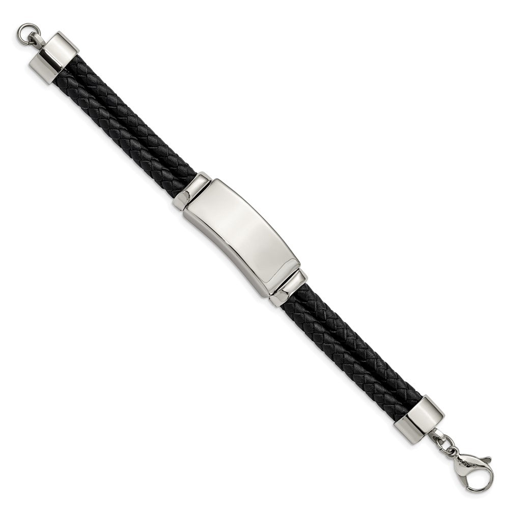 Stainless Steel Polished Black Leather 8.25in ID Bracelet 8.25 inches