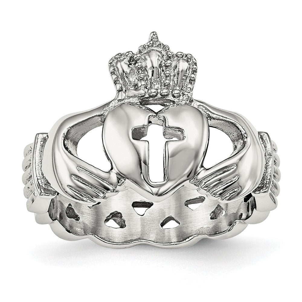 Stainless Steel Polished Claddagh with Cross Ring Size - 11