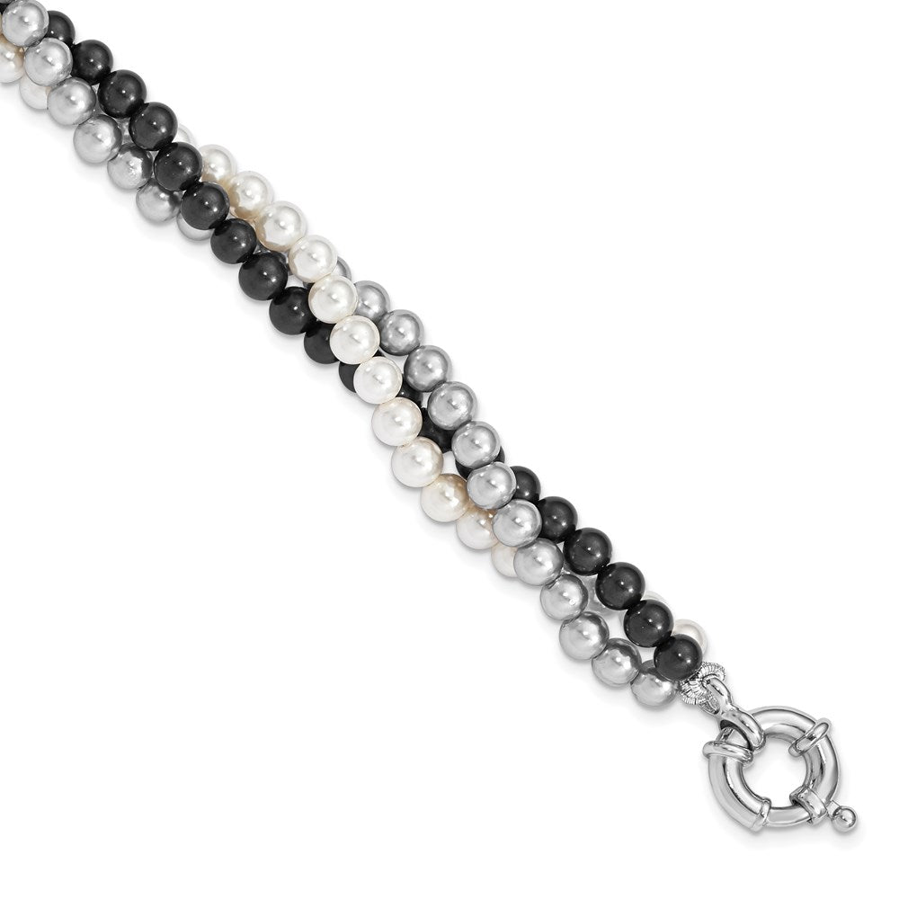 Majestik Sterling Silver Rhodium-plated 3 Row 4-5mm White Grey Black Imitation Shell Pearl Hand-knotted Bracelet 7.5 inches