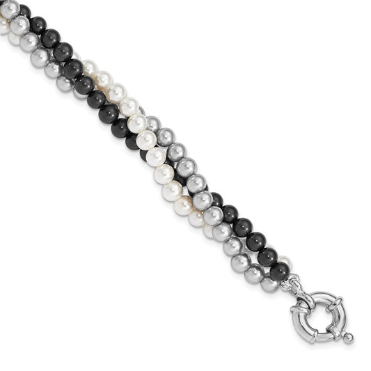 Majestik Sterling Silver Rhodium-plated 3 Row 4-5mm White Grey Black Imitation Shell Pearl Hand-knotted Bracelet 7.5 inches