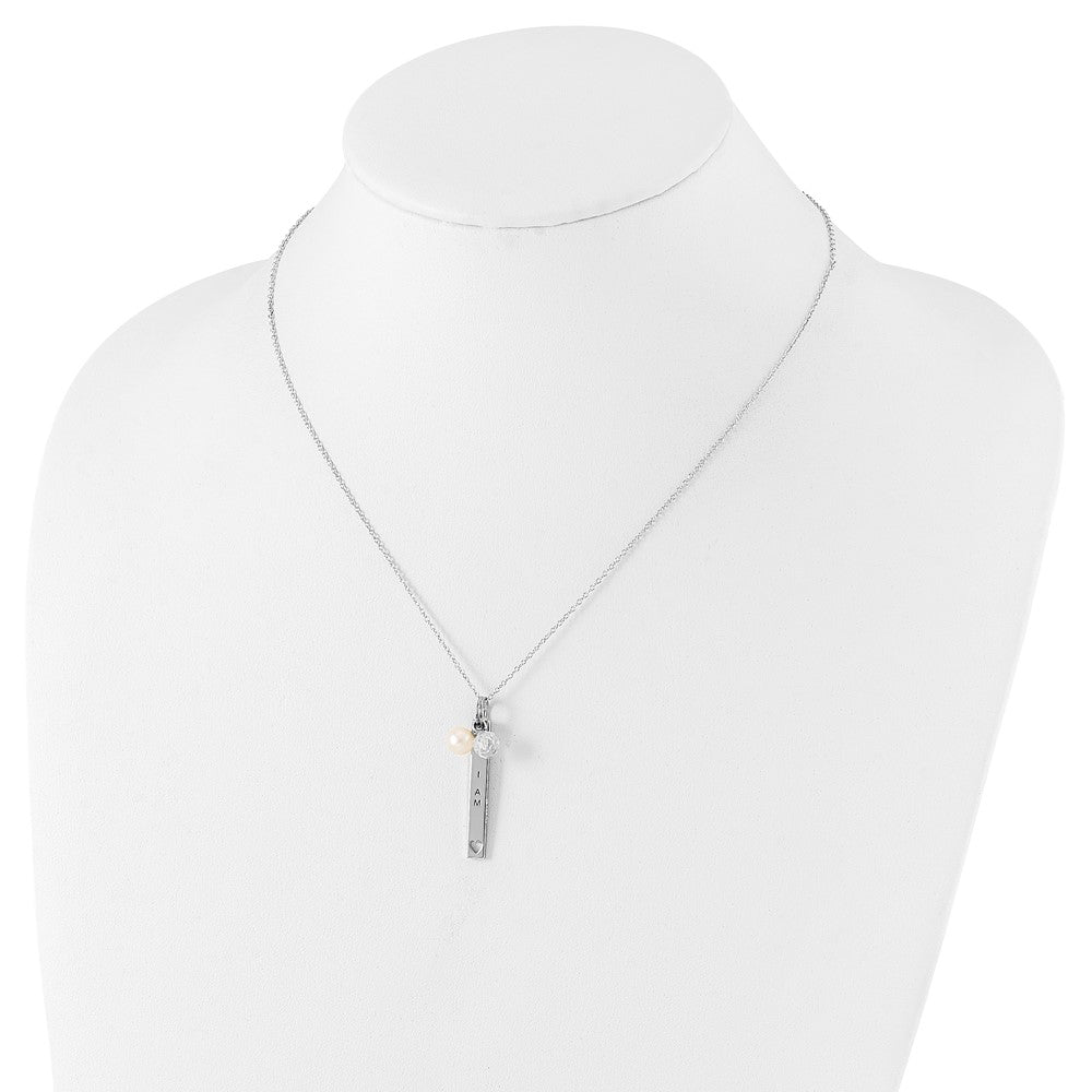 Sentimental Expressions Sterling Silver Polished & Antiqued Freshwater Cultured Pearl & CZ I Am A Keeper Necklace