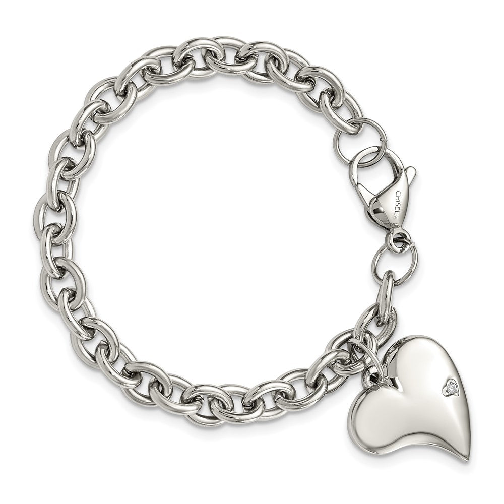 Stainless Steel Polished Link with CZ Heart Dangle Charm 7.5 inch Bracelet 7.25 inches