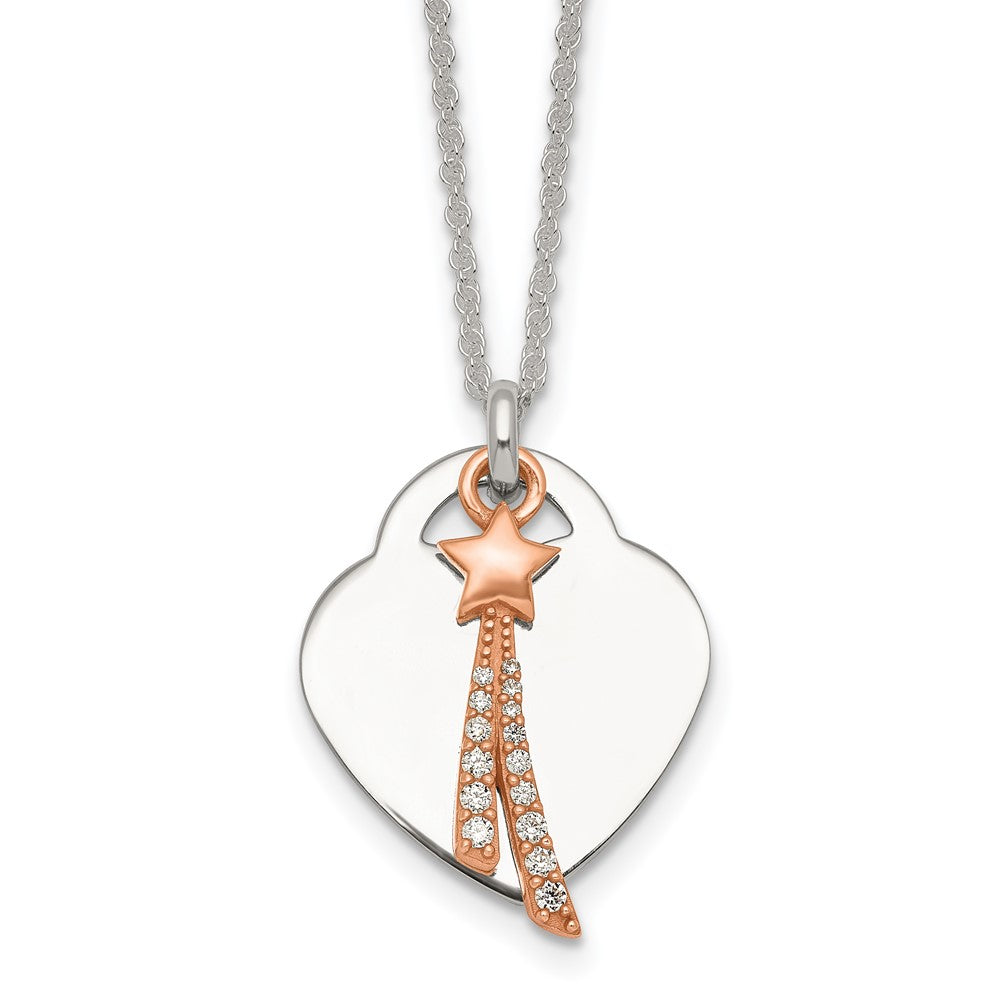 Sterling Silver Rose-tone Polished CZ Shooting Star and Heart Necklace 16 Inches