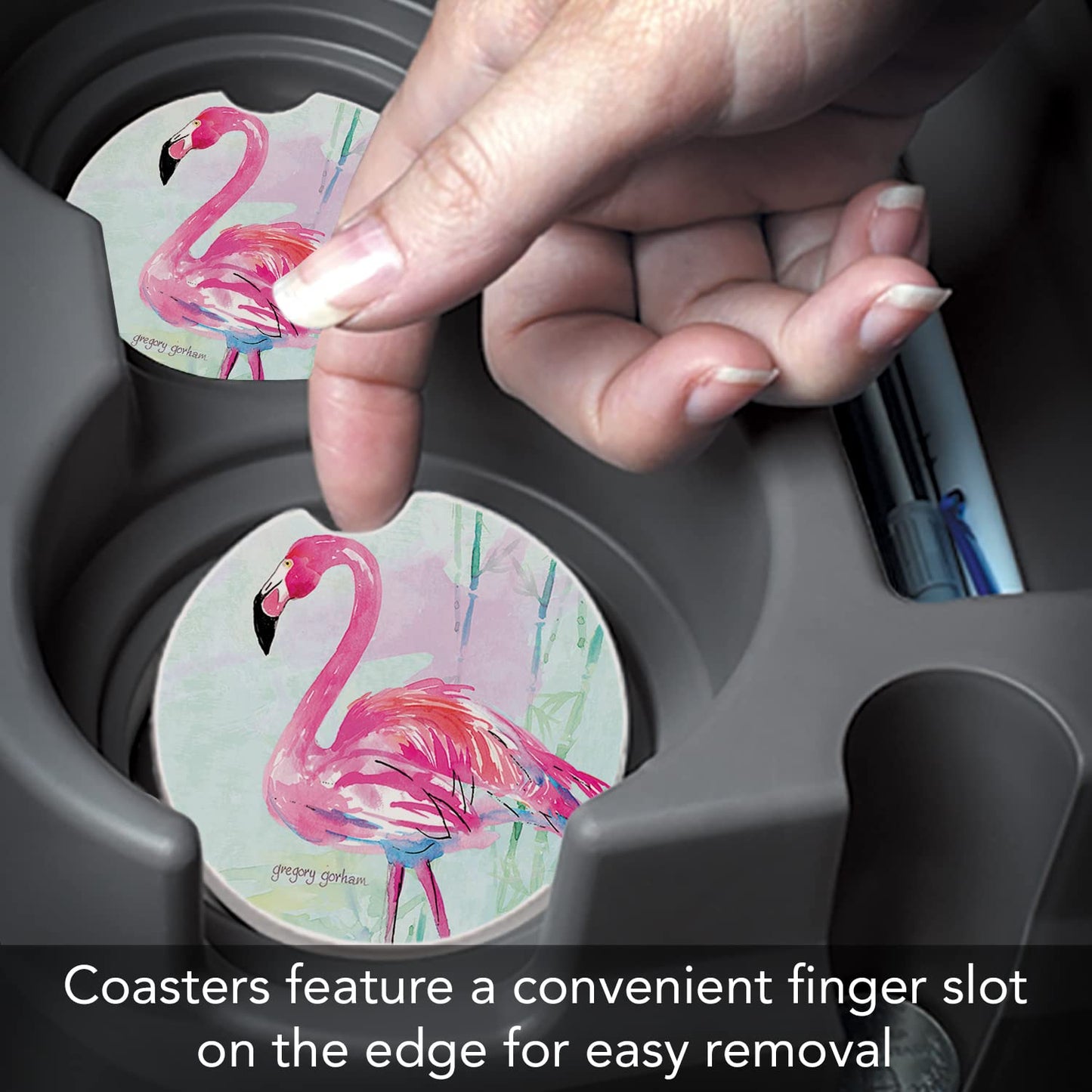 CounterArt "Flamingo Flair" 1 Pack Absorbent Stone Coaster for Vehicle Cup Holder 2.6” Diameter