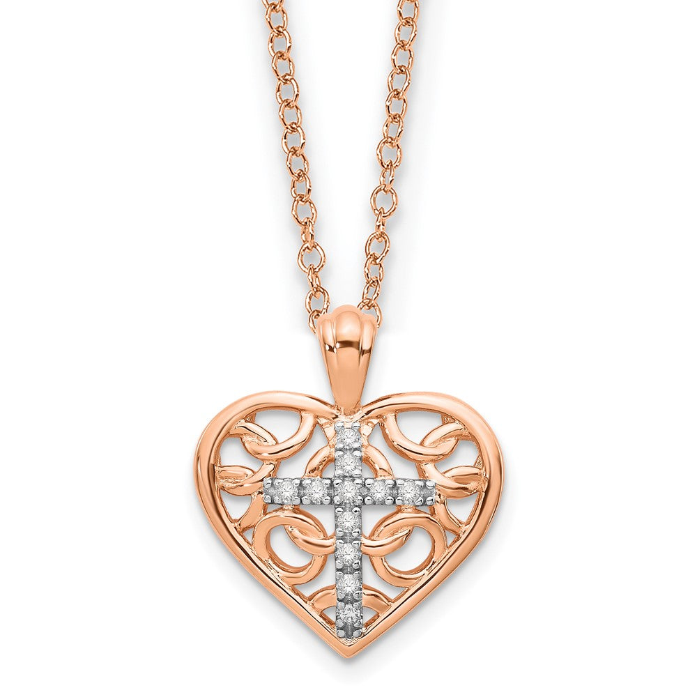 10K Rose Gold with Rhodium Plated Diamond Cross in Heart Necklace