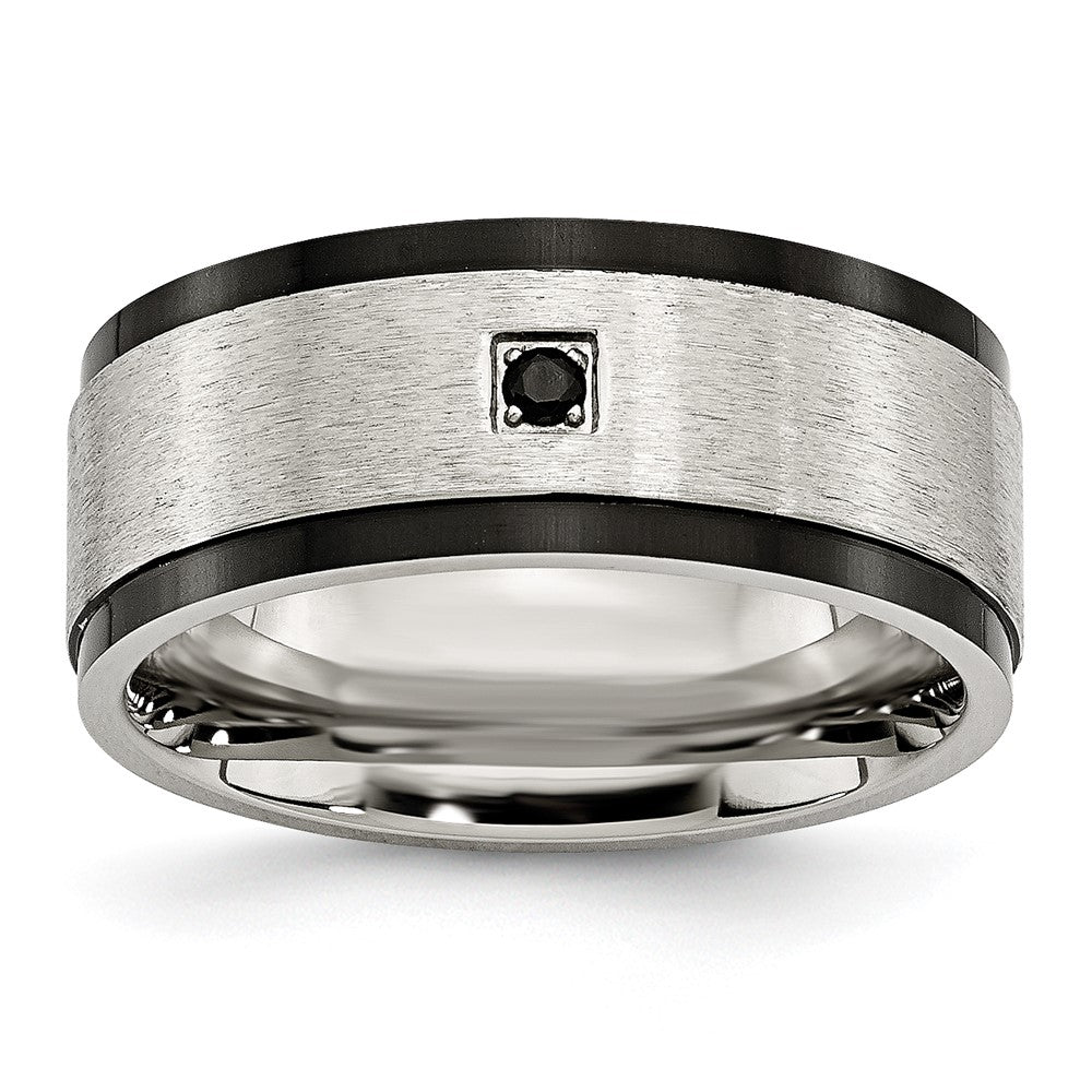 Stainless Steel Brushed and Polished Black IP-plated w/Black CZ 9mm Band Size - 10