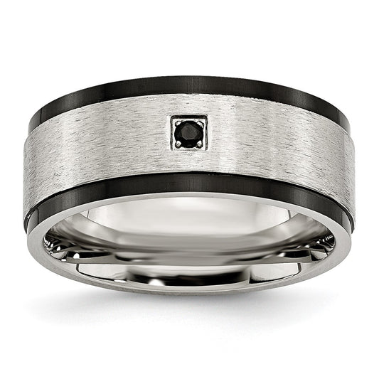 Stainless Steel Brushed and Polished Black IP-plated w/Black CZ 9mm Band Size - 10