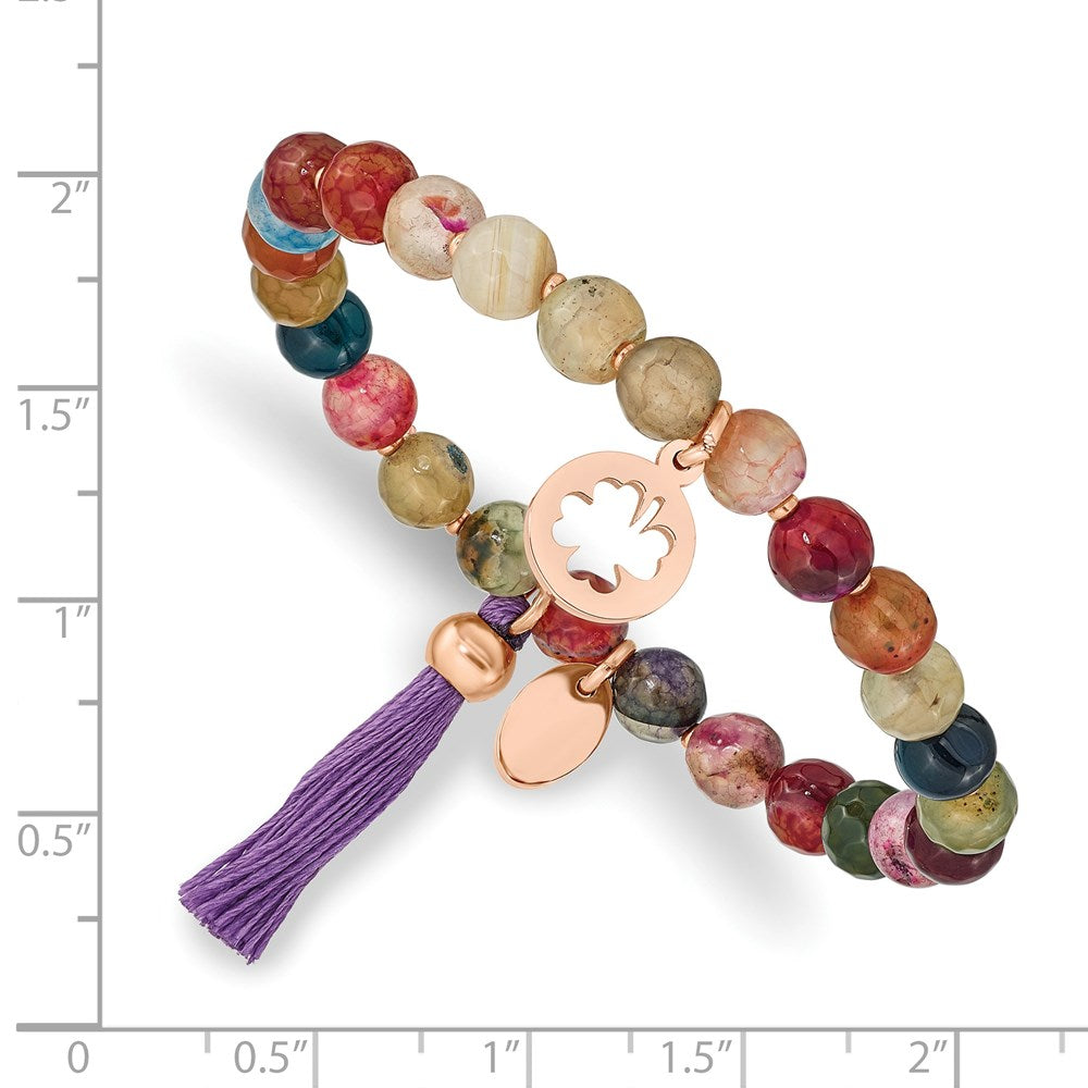 Stainless Steel Polished Rose IP Clover Multi Color Agate Stretch Bracelet 6.25 inches
