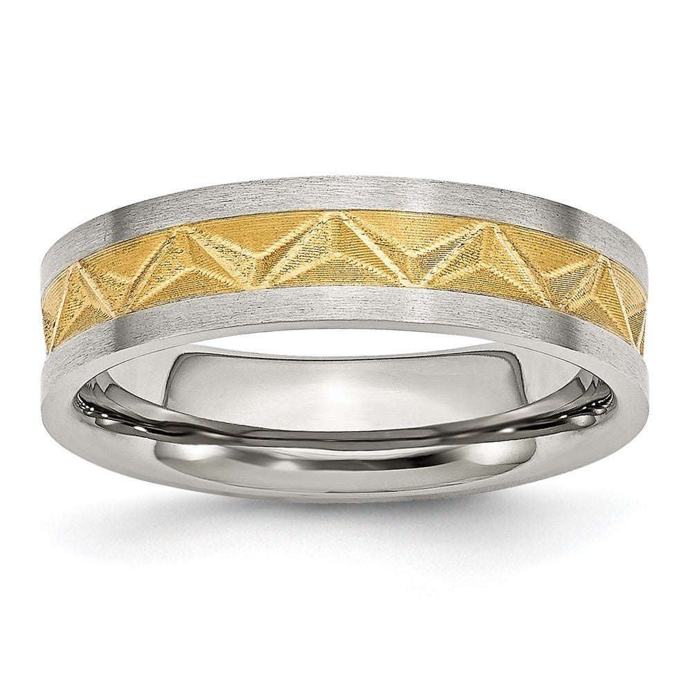 Stainless Steel Brushed Yellow IP-plated 6mm Grooved Band Size - 6.5