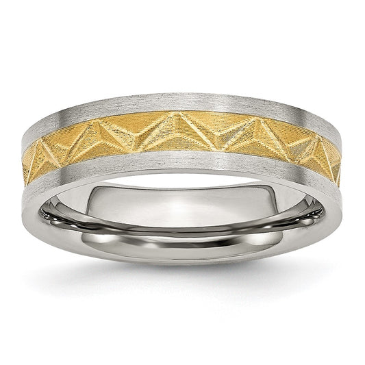 Stainless Steel Brushed Yellow IP-plated 6mm Grooved Band Size - 6.5