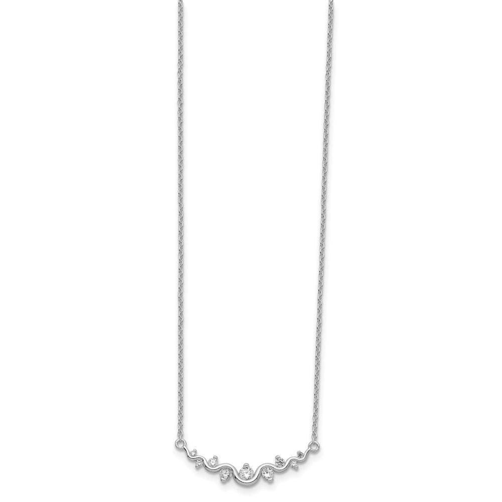 Sterling Silver Rhodium-plated Polished Fancy Wave CZ Bar Necklace 18 Inches
