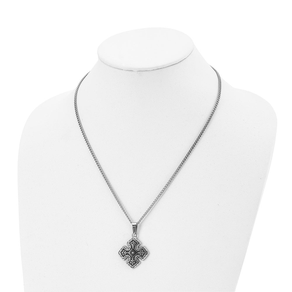 Stainless Steel Polished Black IP-plated w/CZ Celtic Cross 20in Necklace