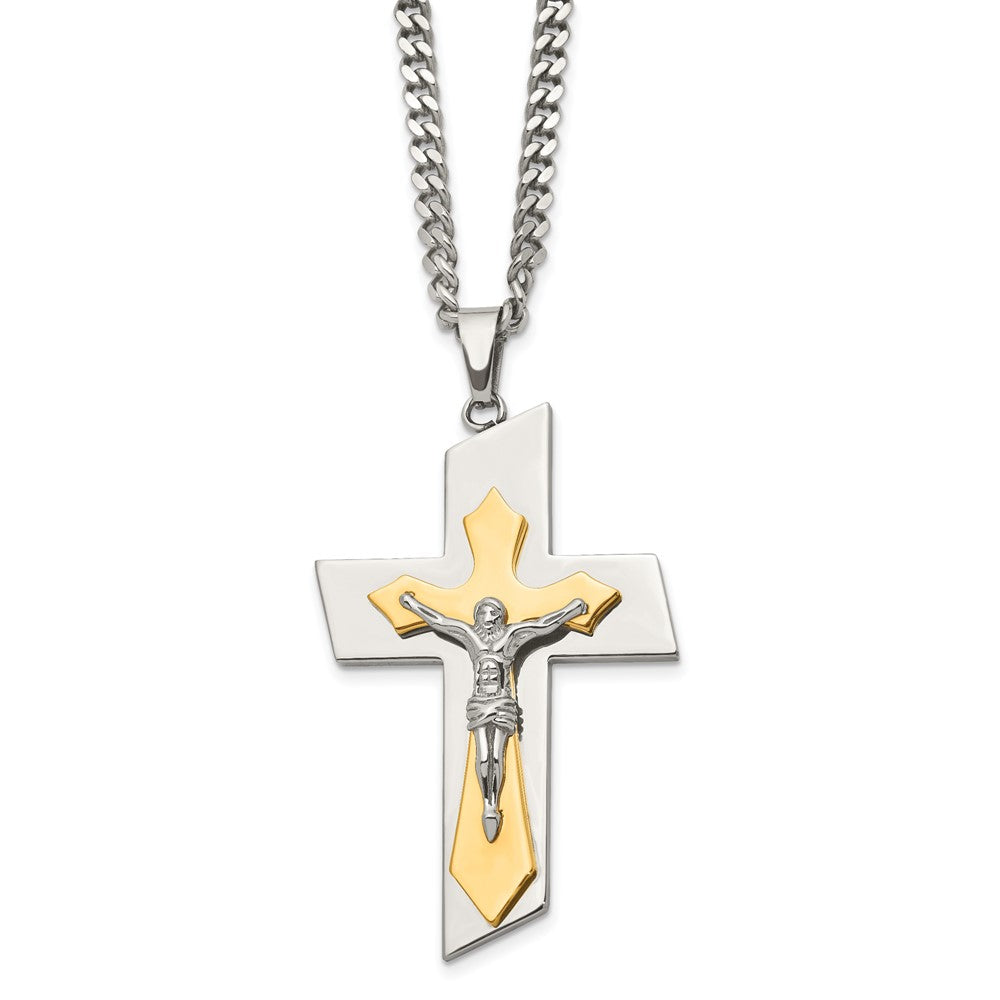 Stainless Steel Brushed & Polished Yellow IP Crucifix 24in Necklace