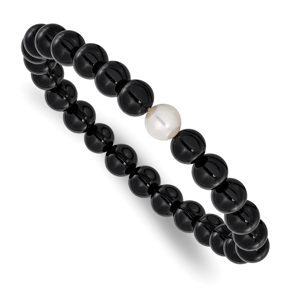 Chisel 8-9mm Black Onyx and White Freshwater Cultured Pearl Beaded 7.25 inch Stretch Bracelet 8 inches