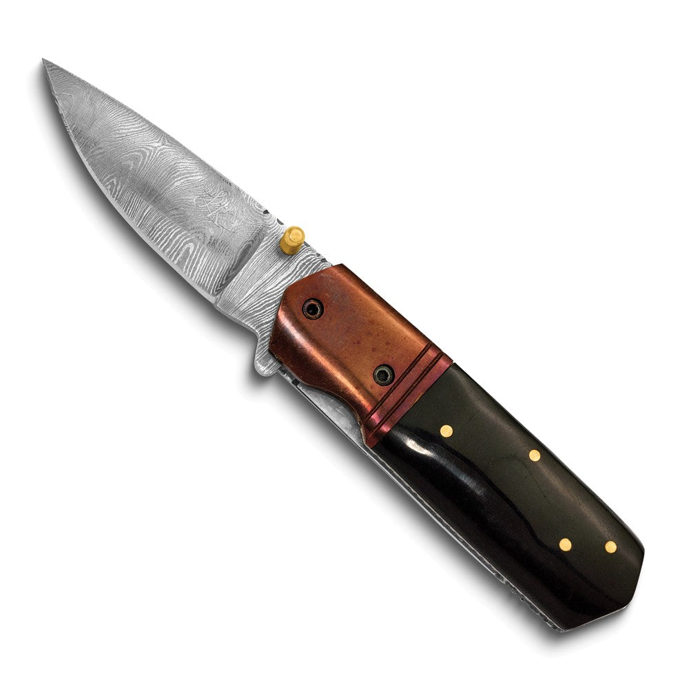 Luxury Giftware by Jere Damascus Steel 256 Layer Folding Blade Buffalo Horn Handle Knife with Leather Sheath and Wooden Gift Box