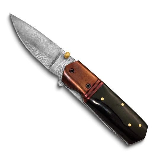 Luxury Giftware by Jere Damascus Steel 256 Layer Folding Blade Buffalo Horn Handle Knife with Leather Sheath and Wooden Gift Box