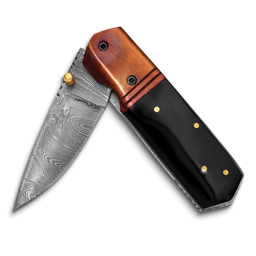 Luxury Giftware by Jere Damascus Steel 256 Layer Folding Blade Buffalo Horn Handle Knife with Leather Sheath and Wooden Gift Box