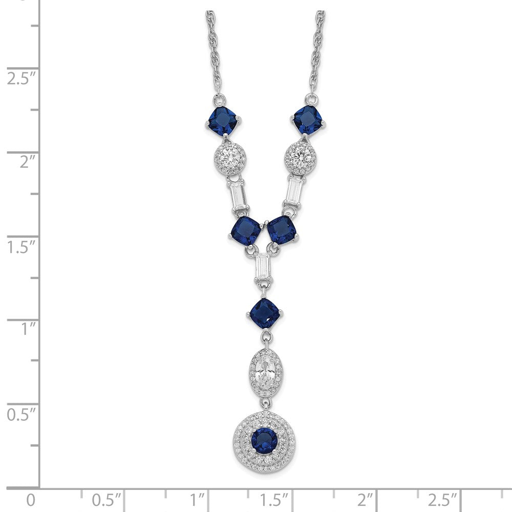 Cheryl M Sterling Silver Rhodium-plated Cushion-cut/Brilliant-cut Blue Glass and Brilliant-cut/Baguette-cut White CZ Fancy Dangle Y-Drop 18 Inch Necklace 18 Inches
